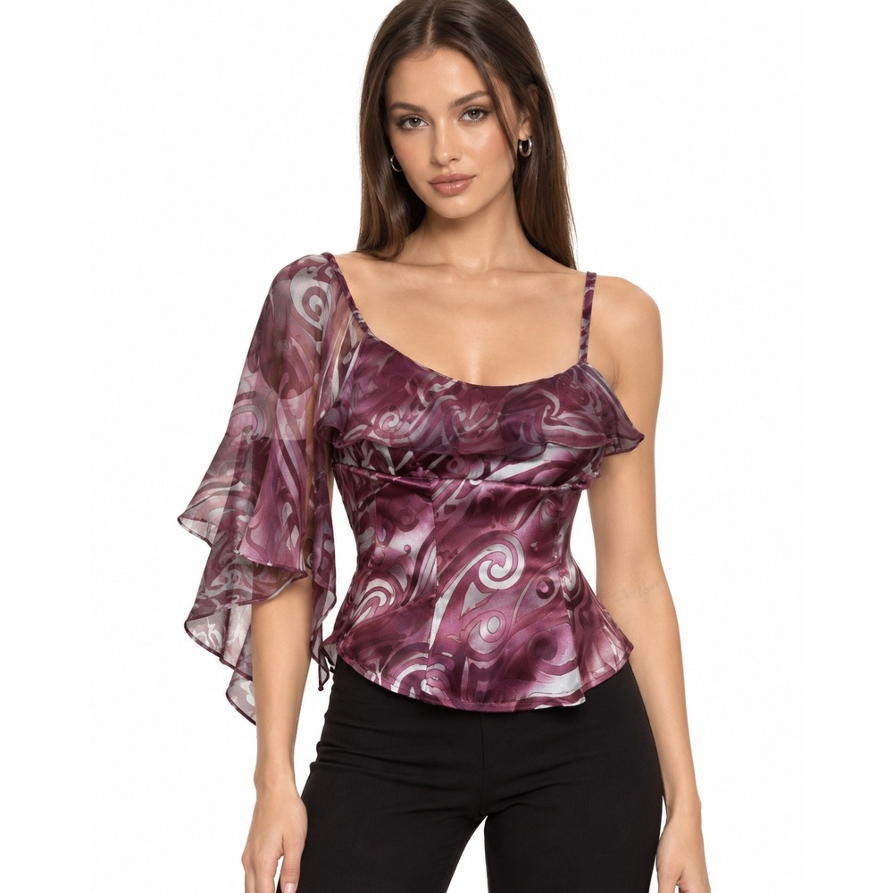 Y2K Asymmetrical Orna Farho Silk Corset Top Sheer One Sleeve Purple Vintage